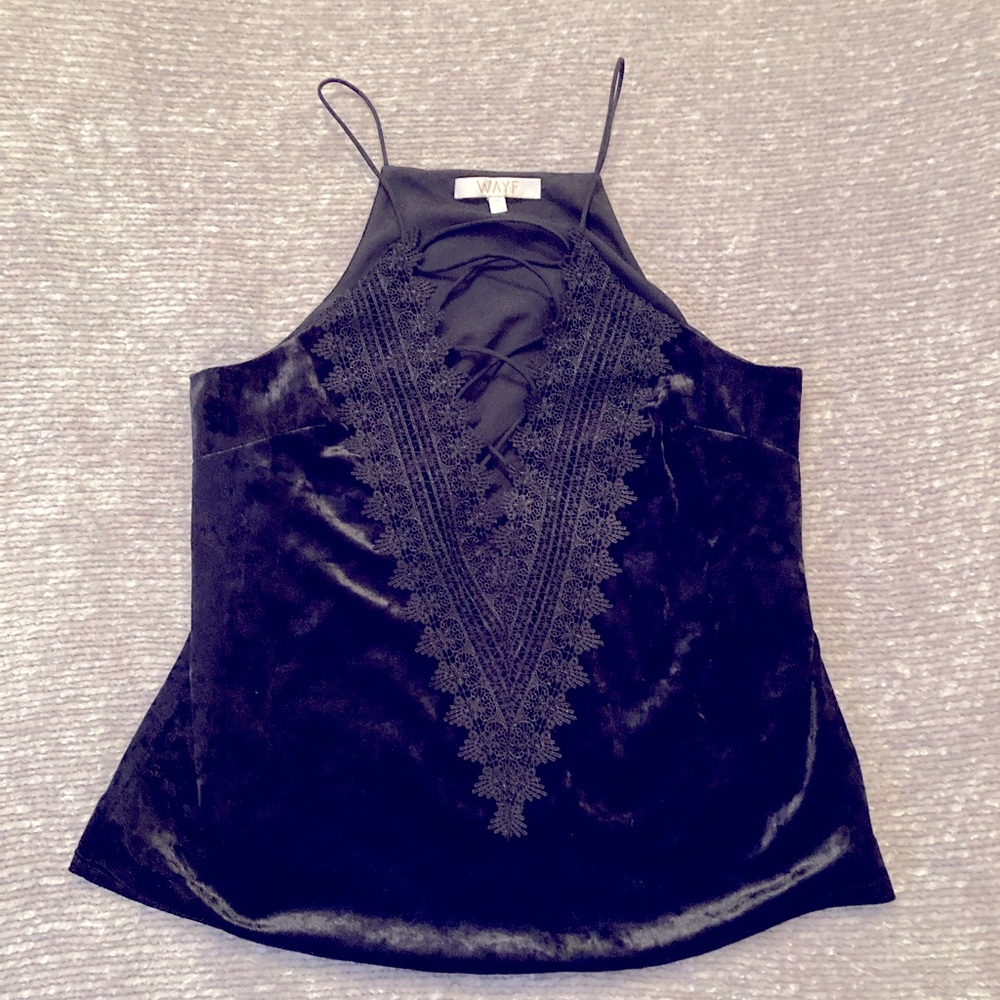Black Velvet Whimsigoth Tank Top, Embroidered Lace, V-neck, Fall, Witchy
